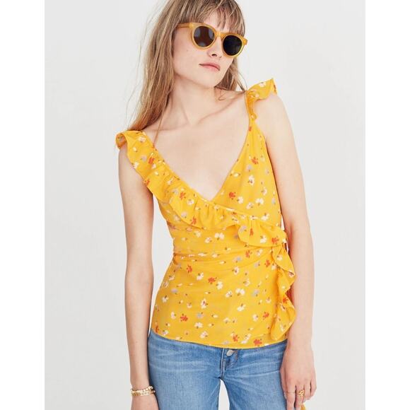 MADEWELL Silk Wrap Cami V-Neck Top in Painted Carnations Tassel Tie Waist 10 $88 - Picture 1 of 7